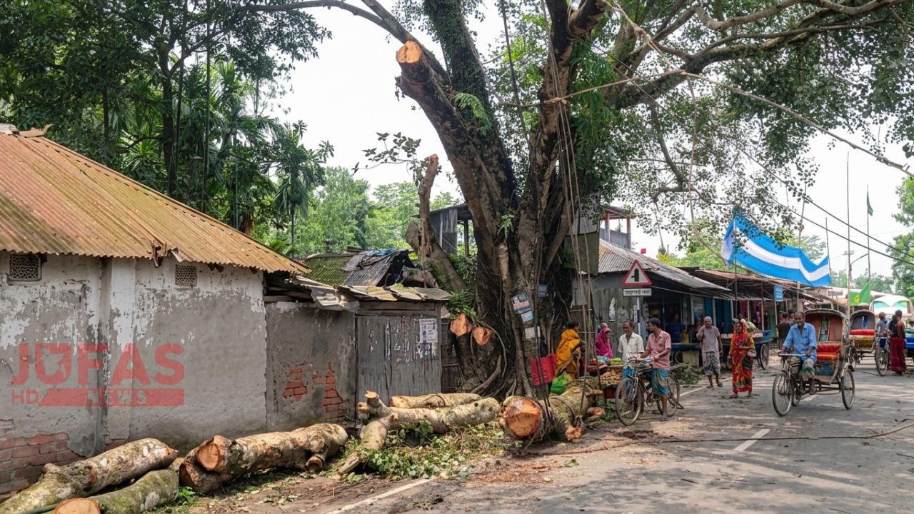 ডোমারের বটতলী বাজারের ঝুঁকিপূর্ণ শতবর্ষী বট-পাকুড় গাছের ডালপালা অপসারণ